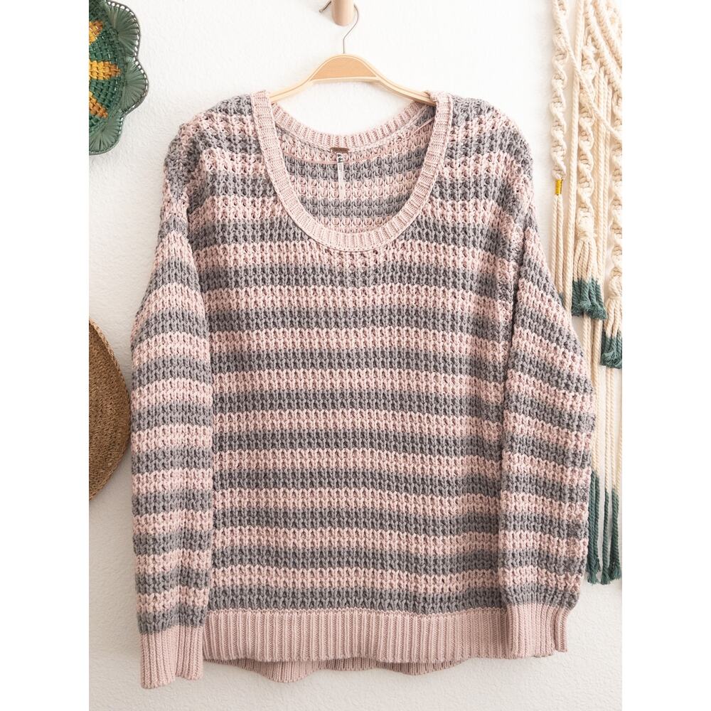 Free People Pink and Gray Striped Sweater